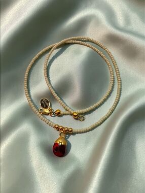 Dainty Seed Bead and Crimson and Gold Charm Necklace By Fucci Minnulli